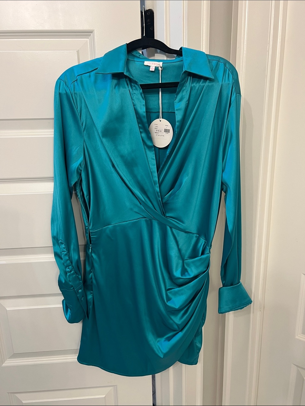 Luxxel Teal Satin Wrap-Style Long Sleeve Dress